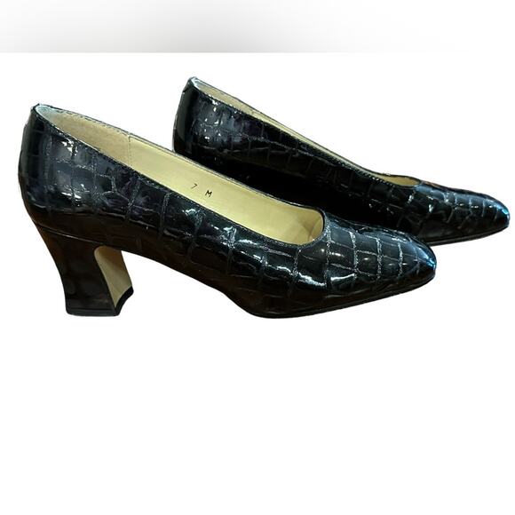 Etienne Aigner Black Patent Leather Croc Print Chunky Heel Pumps Womens Size 7 - Picture 1 of 4